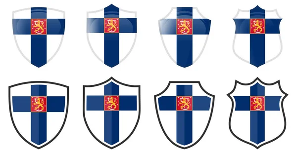 Bandera Vertical Finlandia Forma Escudo Cuatro Versiones Simples Icono Signo — Archivo Imágenes Vectoriales