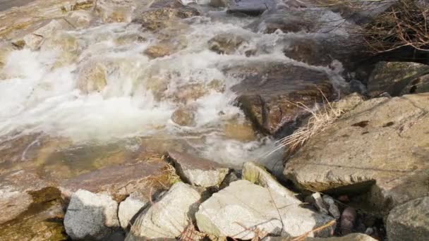 Sun shines on water flowing rapidly over rocks, slow motion video — Stock Footage Sun Shines Water Flowing Rapidly Rocks Slow Motion Video Royalty Free Stock Footage