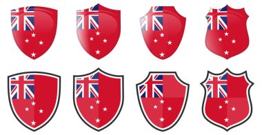 Kalkan şeklinde dikey Yeni Zelanda kırmızı toz bezi (sivil asteğmen), dört 3D ve basit simge sürümü. 
