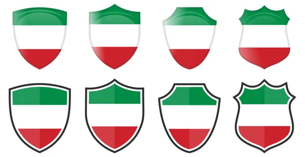 Pionowa Flaga Włoch Kształcie Tarczy Cztery Wersje Proste Włoska Ikona — Wektor stockowy