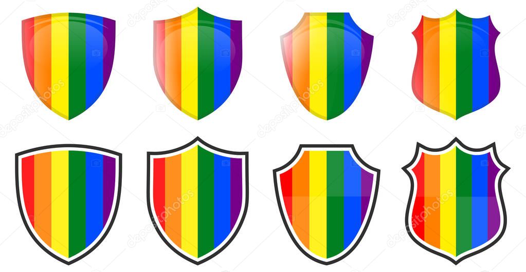 Vertical LBGT movement flag in shield shape, four 3d and simple versions. Diversity icon / sign