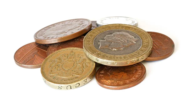 Pile Των Βρετανικών Νομισμάτων Λίρες Και Πένες Λεπτομέρεια Closeup Απομονώνονται — Φωτογραφία Αρχείου