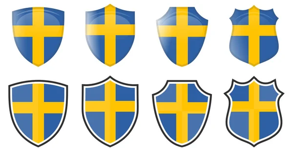 Vertikale Schwedische Flagge Schildform Vier Und Einfache Versionen Schweden Ikone — Stockvektor