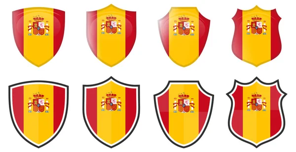 Vertical Espanja Lippu Kilpi Muoto Neljä Yksinkertaisia Versioita Espanjalainen Kuvake — vektorikuva