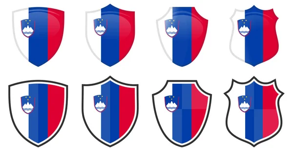 Bandeira Eslovénia Vertical Forma Escudo Quatro Versões Simples Ícone Sinal — Vetor de Stock