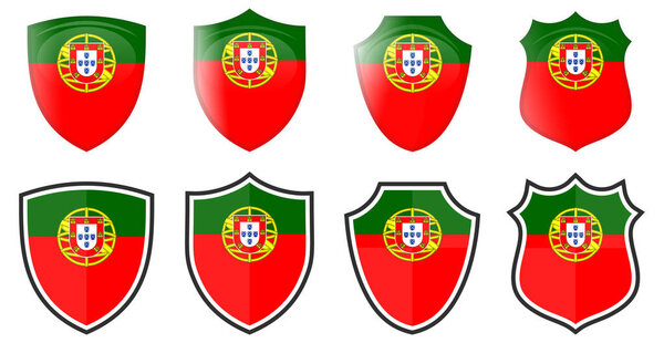 Vertical Portugal flag in shield shape, four 3d and simple versions. Portuguese icon / sign
