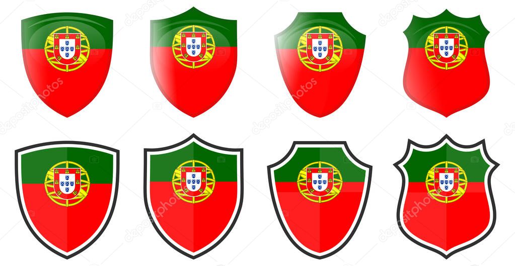 Vertical Portugal flag in shield shape, four 3d and simple versions. Portuguese icon / sign
