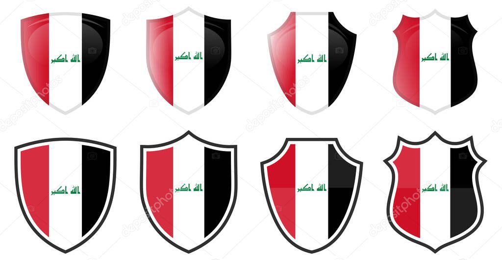 Vertical Iraq flag in shield shape, four 3d and simple versions. Iraqi icon / sign