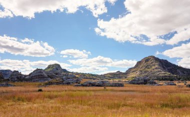 Afrika ovalarında yetişen alçak çimler, arka planda küçük kayalık dağlar - Isalo Ulusal Parkı, Madagaskar 'daki tipik manzara