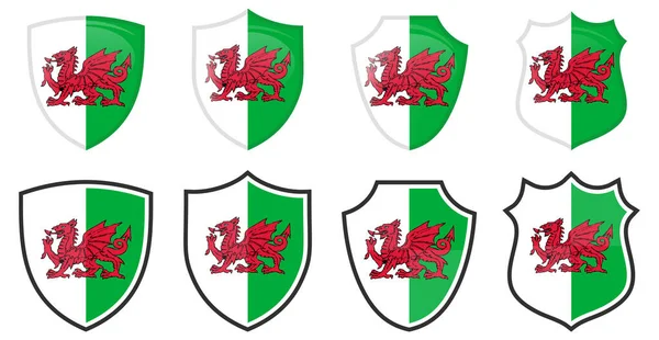 Függőleges Wales Zászló Pajzs Alakú Négy Egyszerű Változatban Walesi Ikon — Stock Vector