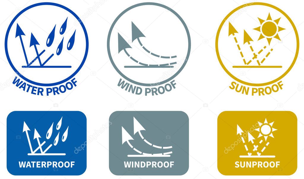 Set of weather resistance icons. Water wind and sun proof signs in circle and rounded square, can be used on textiles