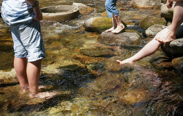 Group of people walking in forest river or cooling their bare feet, detail on legs only