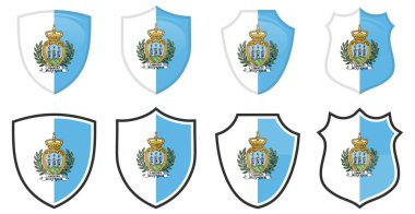 Kalkan şeklinde dikey San Marino bayrağı, dört üç boyutlu ve basit versiyonu.