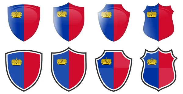 Pionowa Flaga Liechtensteinu Kształcie Tarczy Cztery Wersje Proste — Wektor stockowy