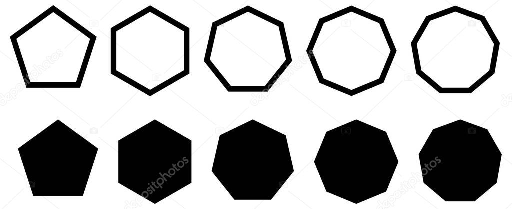 Set of simple polygons with five to nine sides. Filled and outline version