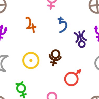 Basit astroloji sembollerinden oluşan kusursuz desen gezegenleri ve gök cisimlerini temsil ediyor.