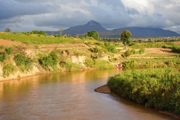 Sendrisoa Madagaskar April 2019 Slow Lerig Flod Grönt Gräs Och — Stockfoto