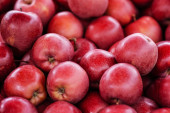 Lesklá červená jablka vystavená na trhu s pouličními potravinami, detail detailu