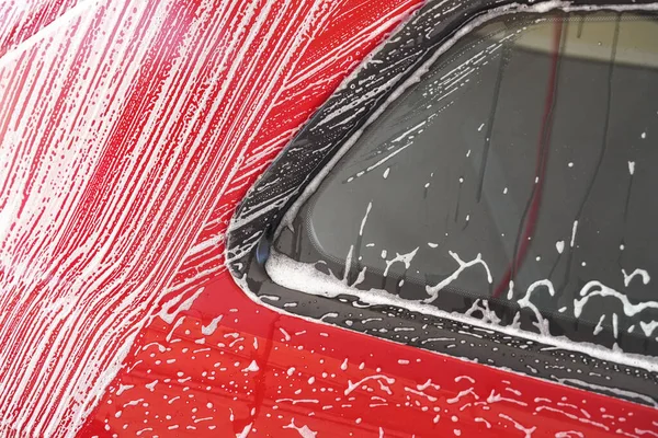 Red Car Washed Self Serve Carwash Detail White Soap Foam — Stock Photo, Image