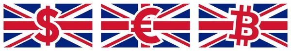 Union Jack Flagge Mit Dollar Euro Und Bitcoin Zeichen Der — Stockvektor