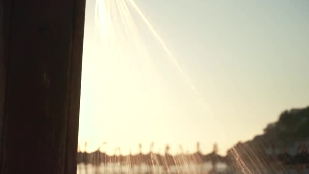 Wasser Sprühen Aus Strand Duschkopf Morgensonne Beleuchtet Verschwommenen Hintergrund Nahaufnahme — Stockvideo