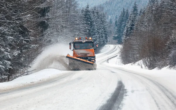 Liptovsky Hradok Slovakia January 2019 Orange Maintenance Plough Truck Forest — Stock Photo, Image