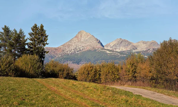 Autumn Meadows Country Road Mount Krivak Peak Slovak Symbol Seen — Stock Photo, Image