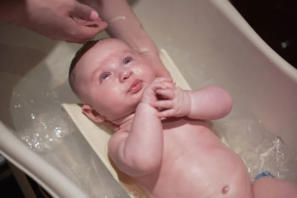 Infant Baby Boy Washed Small Bath Tub View Mother Hand — Stock Photo, Image