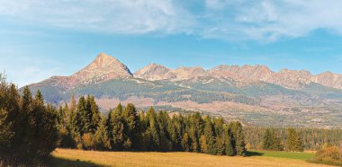 Köy yolu yakınlarındaki sonbahar çayırları, uzaktaki Vazec köyünden Krivak zirvesi (Slovak sembolü) ile Tatry dağlarının manzarası