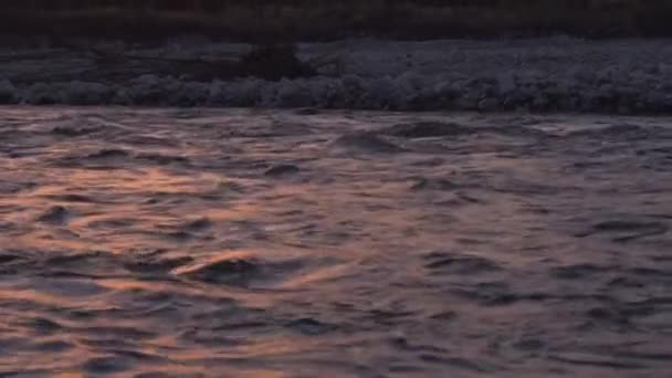 Fiume Che Scorre Sera Acqua Illuminata Dal Tramonto Cielo Colorato — Video Stock