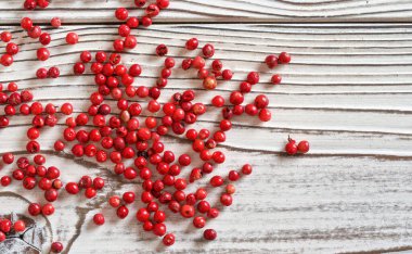 Red or Pink peppercorn scattered on white boards desk, closeup photo from above