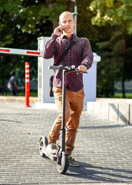 Young Man Casual Trousers Shirt Standing Next His Electric Scooter — Stock Photo, Image