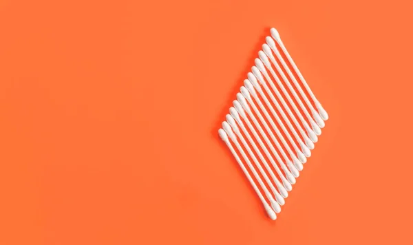 Cotton Sticks Ear Swabs Arranged Trapezoid Orange Table View Space — Stock Photo, Image