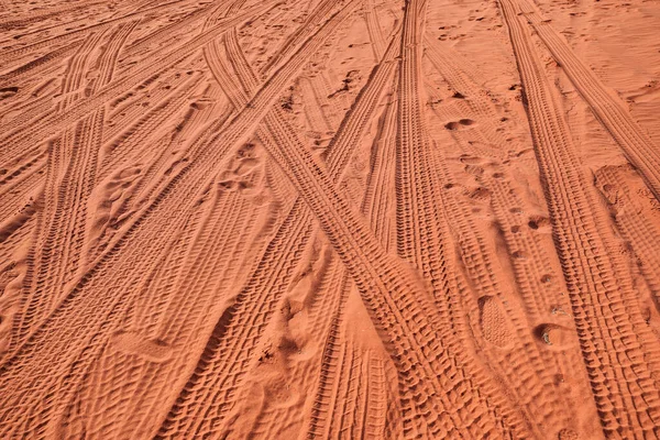 Car Tire Prints Fine Red Sand Dust Desert Wadi Rum — Stock Photo, Image