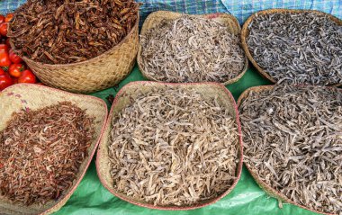 Ranohira, Madagaskar 'daki gıda pazarında saman sepetlerinde küçük kurutulmuş balık ve böcekler sergileniyordu.