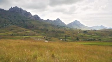 Andringitra Ulusal Parkı 'nın alt kısımlarında tipik Madagaskar manzarası. Tarlalarda büyüyen çimenler, arka planda daha yüksek dağlar