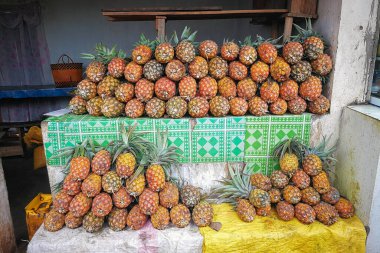 Madagaskar 'daki sokak pazarında sergilenen taze ananas yığını