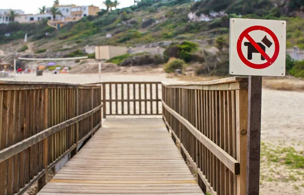 Rojo Negro Permiten Perros Signo Camino Madera Que Conduce Playa — Foto de Stock