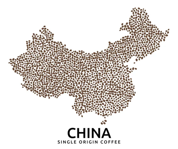 Forma China Mapa Feito Grãos Café Espalhados Nome País Abaixo — Vetor de Stock