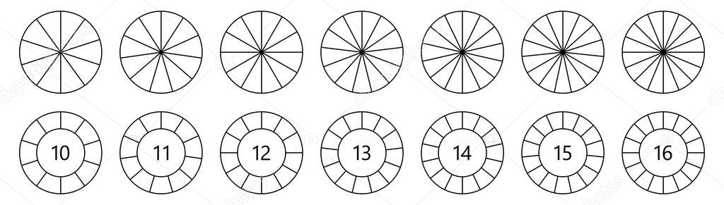 Circle  shape divided into equal segments, version with 10 to 16 parts, can be used as infographics element
