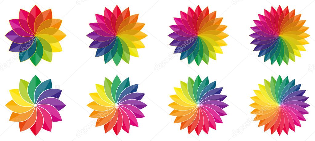 Colour palette wheel shaped like flower, petals with golden rim. Version with 12 to 24 leaves