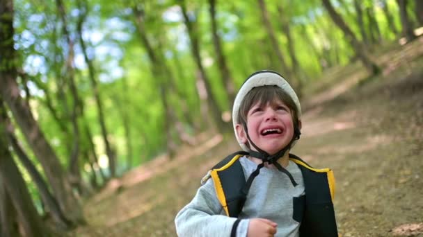 Cute Little Boy Sportive Protection Helmet Crying Forest Fall Summer — Stock Video