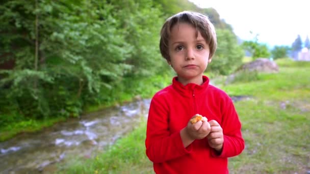 Schattige jongen eten brood — Stockvideo