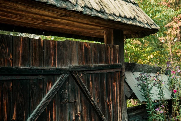 Старые Старинные Исторические Ретро Деревянные Коричневые Ворота Забором — стоковое фото