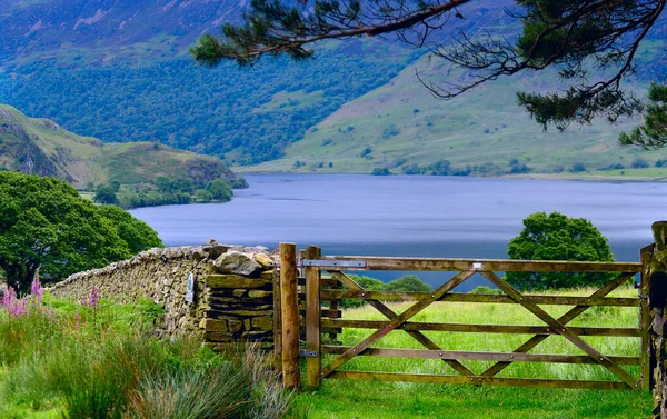 Landscape in the lake district with wooden fence and a lake, England. Nature view with a stone wall in the foreground. Lake District Valley.