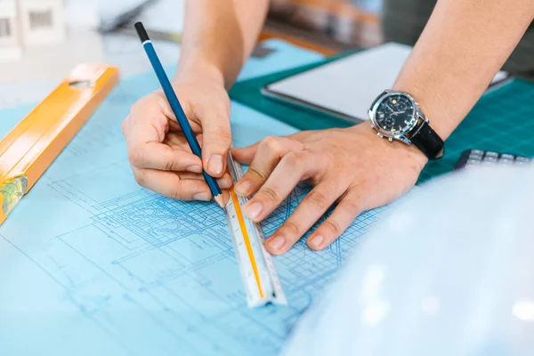 Engineers Holding Pen Pointing Building Drawing Outlay Construction Plan Guide — Stock Photo, Image