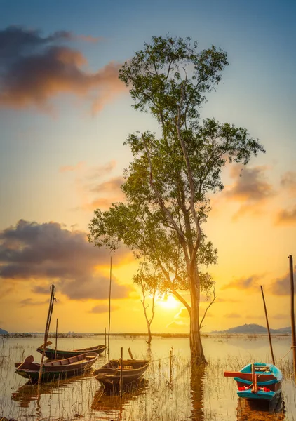 Bateau Pêche Sous Les Trois Sur Lac Coucher Soleil — Photo