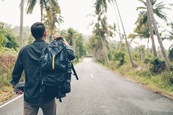 Rear View Man Backpack Hiking Walking Road Forest Backpack Travel — Stock Photo, Image
