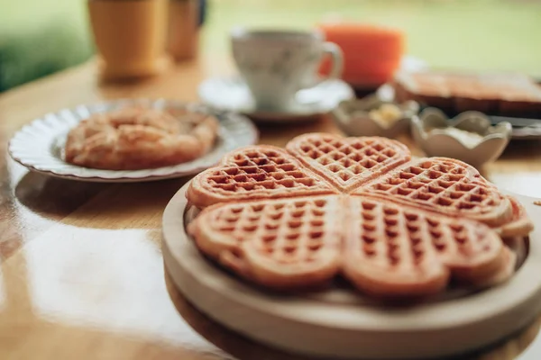 Hand Pick Piece Fresh Waffles Wood Plate Waffle Dessert Concept — Stock Photo, Image