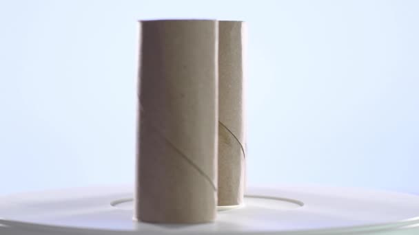 Video Three Cardboard Rolls Worn Toilet Paper Spinning Turntable Selective — Stock Video